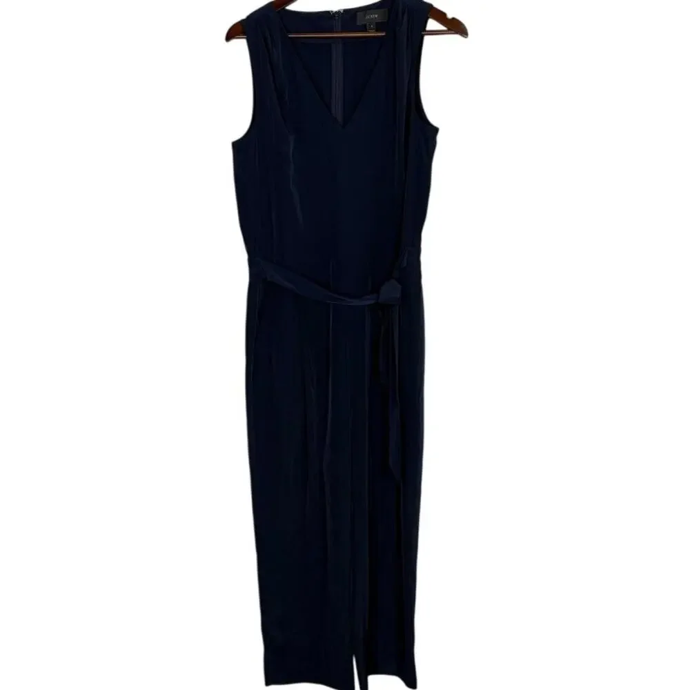 J Crew Sleeveless Satin Effect OnePiece Jumpsuit Elastic Tie Waist Pocket 6 Blue - Picture 13 of 15